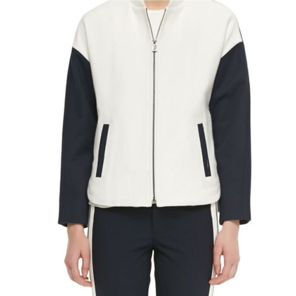 VINCE Large Colorblock Knit Bomber Jacket Full Zip Mock neck Front pockets